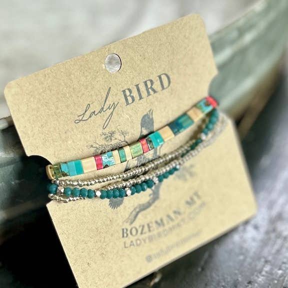Lady Bird Market - Wholesale Jewelry Set - Classic Combo & Teal Stretchy Tila Bead Bracelet
