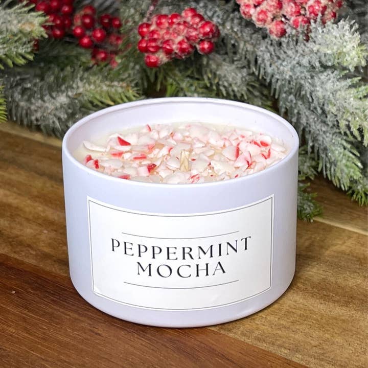 Peppermint Mocha - 8oz Matte White Jar Soy Wax Candle for wholesale by LostLove Art Co.