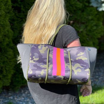 Neoprene Large Tote Green Camo With Red Racer Stripe Beach -  UK
