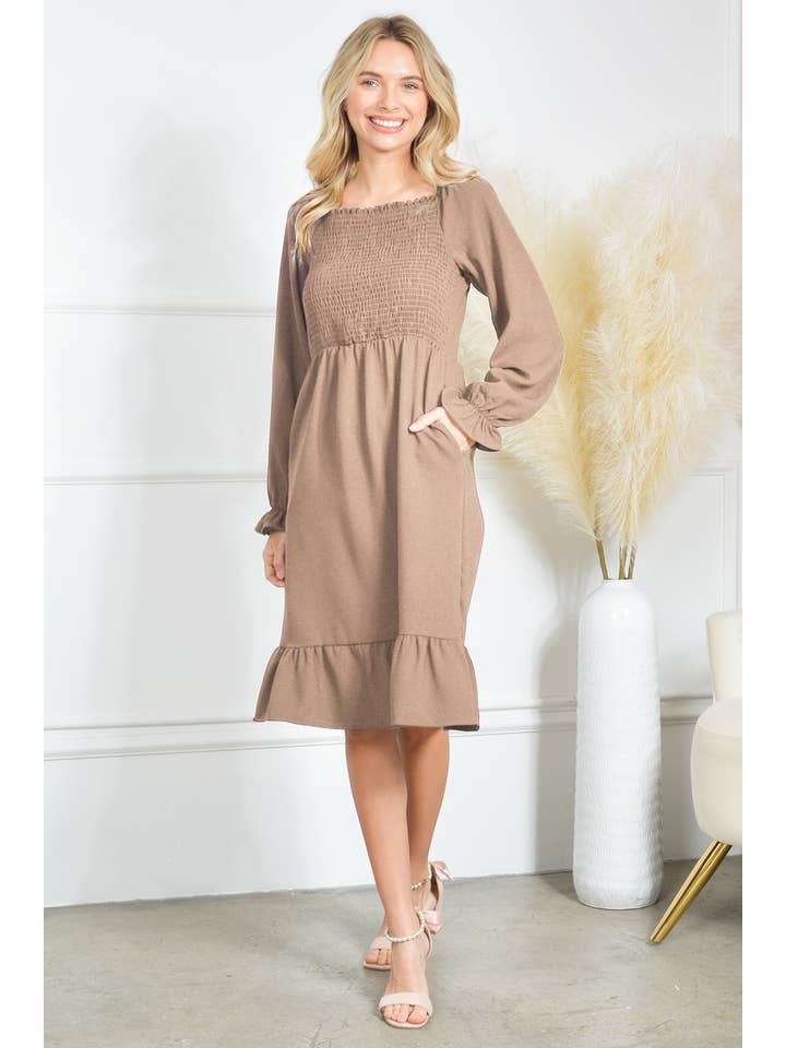 Mini Momo - Wholesale Dress – Women's - Smocking Dress Long Sleeve Ruffle Hem Smocking Crepe Midi2
