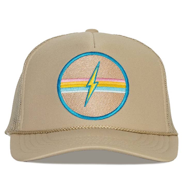 Electric Rainbow Trucker Hat in Tan for wholesale on Faire