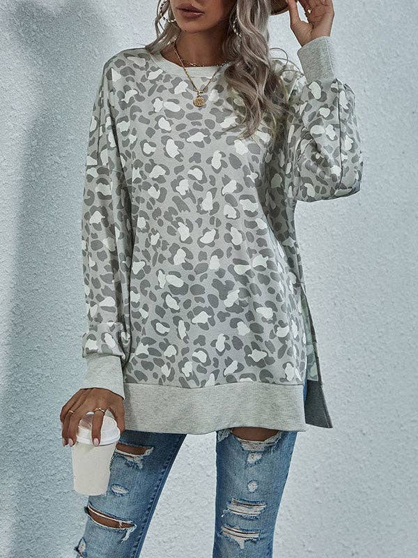 Långärmad Lös Leopard Split-Joint Split-Side Rundhalsad Sweatshirt Topp för wholesale av VividLux