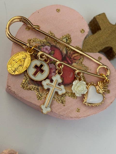 Miss DJ Angel - Wholesale Brooch - Ex-voto brooch, religious medal cross brooch, cross gift for mom, cross gift for woman, white sacred heart cross charm5