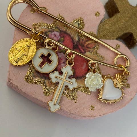 Miss DJ Angel - Wholesale Brooch - Ex-voto brooch, religious medal cross brooch, cross gift for mom, cross gift for woman, white sacred heart cross charm5