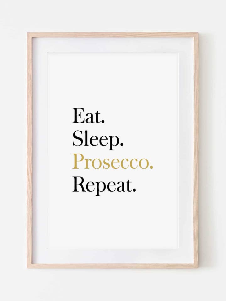 Spis. Sove. Prosecco. Gentag. Udskriv for engroshandel hos Slinky Prints