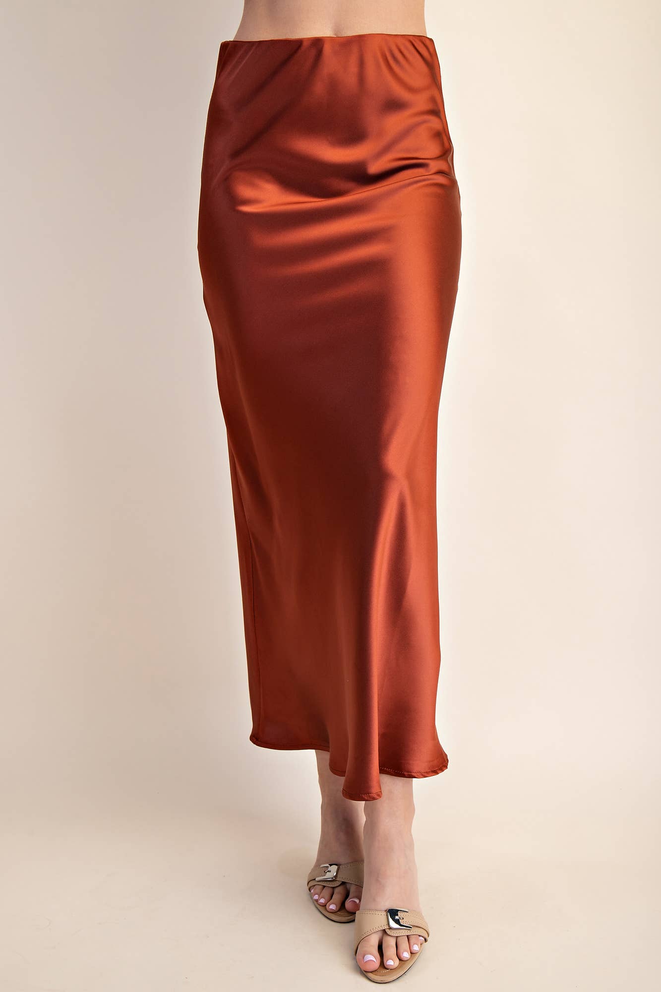 Glam - Wholesale Skirt - Women's - Waist Elastic Band Midi Satin Skirt1