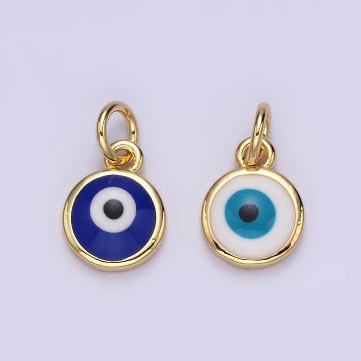 14K Gold Filled White, Blue Evil Eye Enamel 8mm Round Charm | N-1023 N-1024 for wholesale by Aim Eternal
