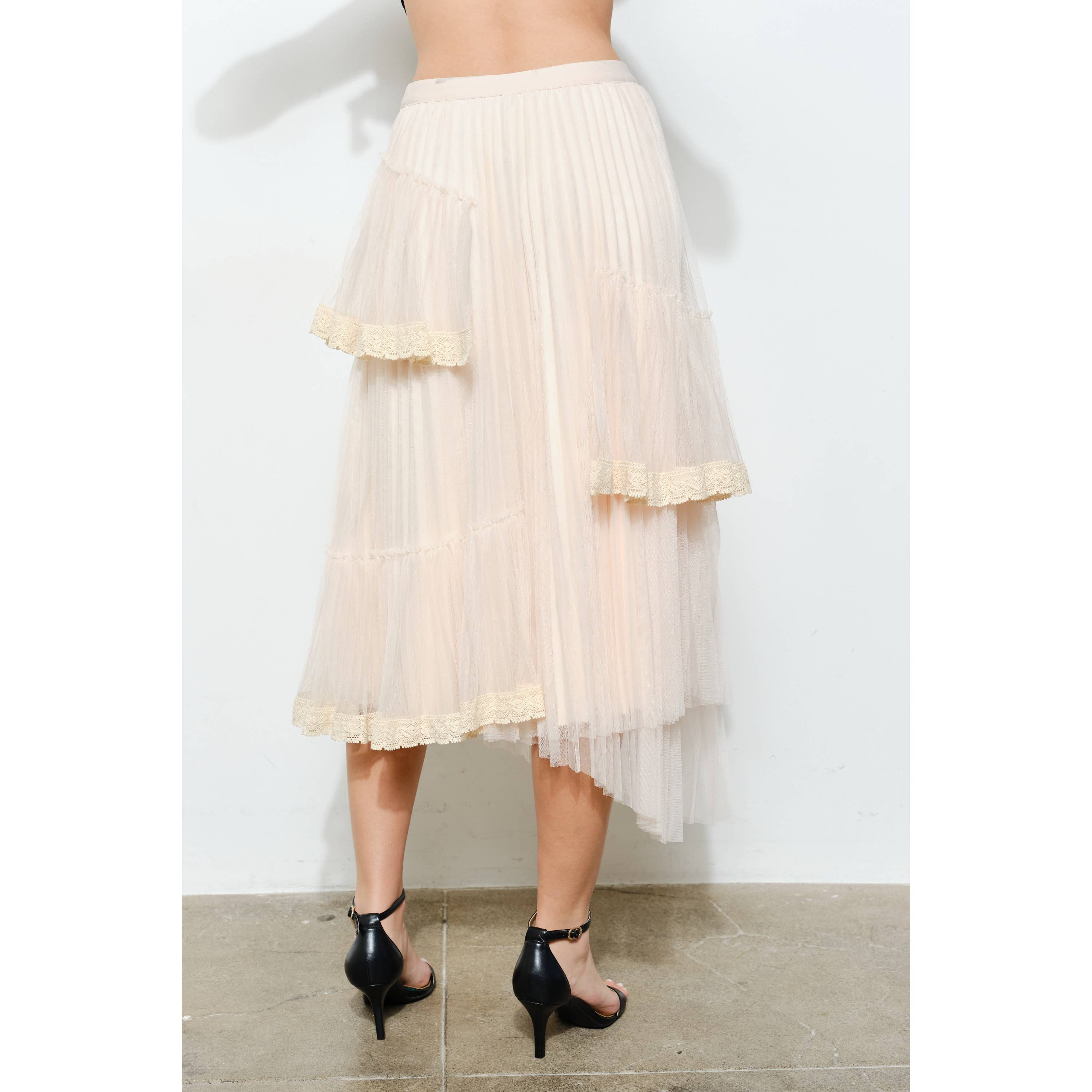 INA - Vente Jupe – femme - Jupe midi superposée élégante avec bordure en dentelle transparente11