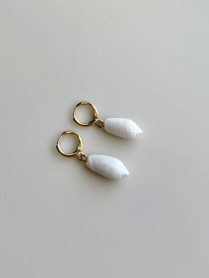 White Lettered Olive Huggie Hoop Earrings, 18K Gold Filled for wholesale by Ostella