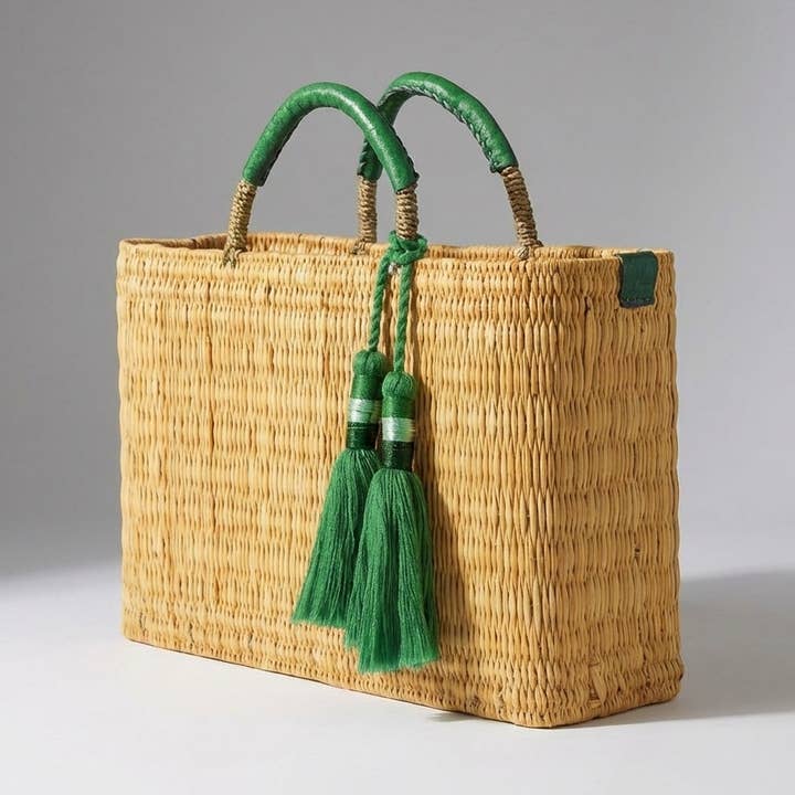 Woven Reed Market Basket - Leather Handles & Tassels for wholesale by Melecraft