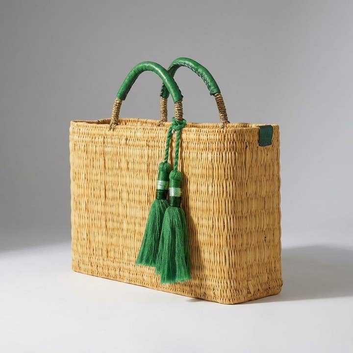 Panier de marché en roseau tressé - Poignées en cuir et pompons pour la vente par Melecraft