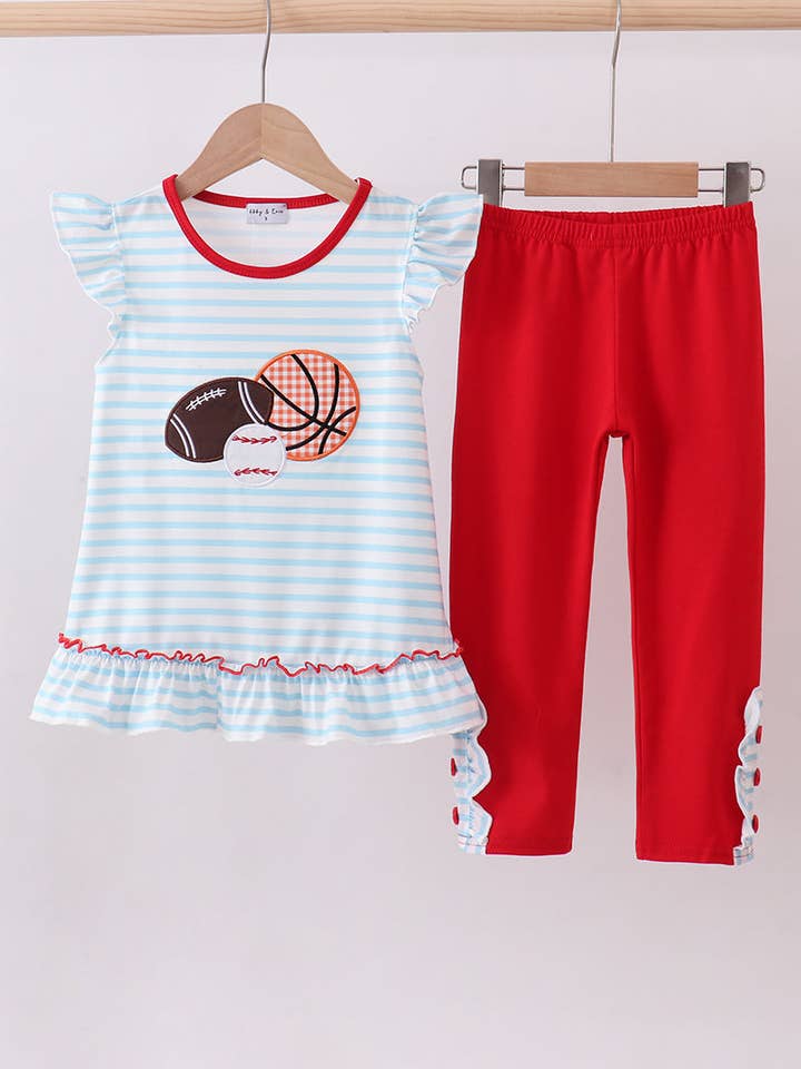 Conjunto de pantalones con volantes y apliques Trio deportivos de rayas azules para venta al por mayor de Aspen Rain Boutique