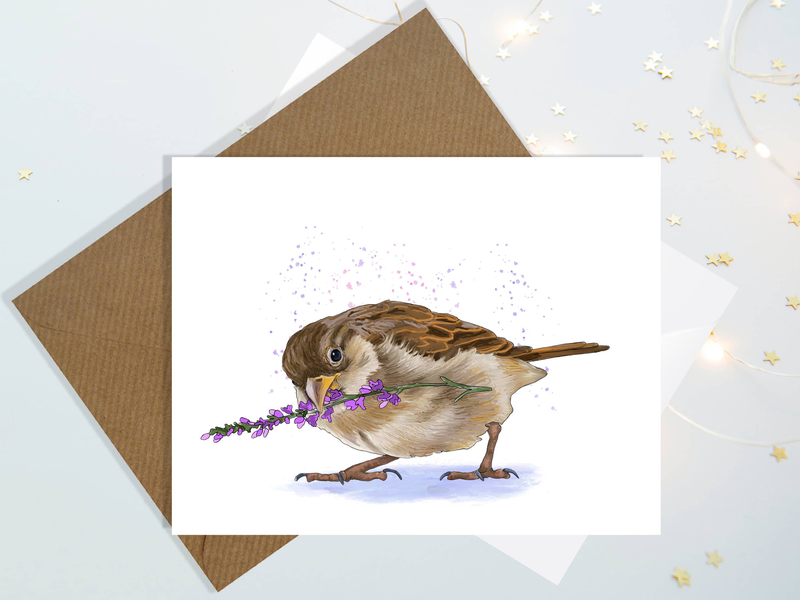 Julie Townsend Studio - Wholesale Stationery/Notecard Set - A2 Card Set - Sparrow with Lavender - Set of 10 Cards
