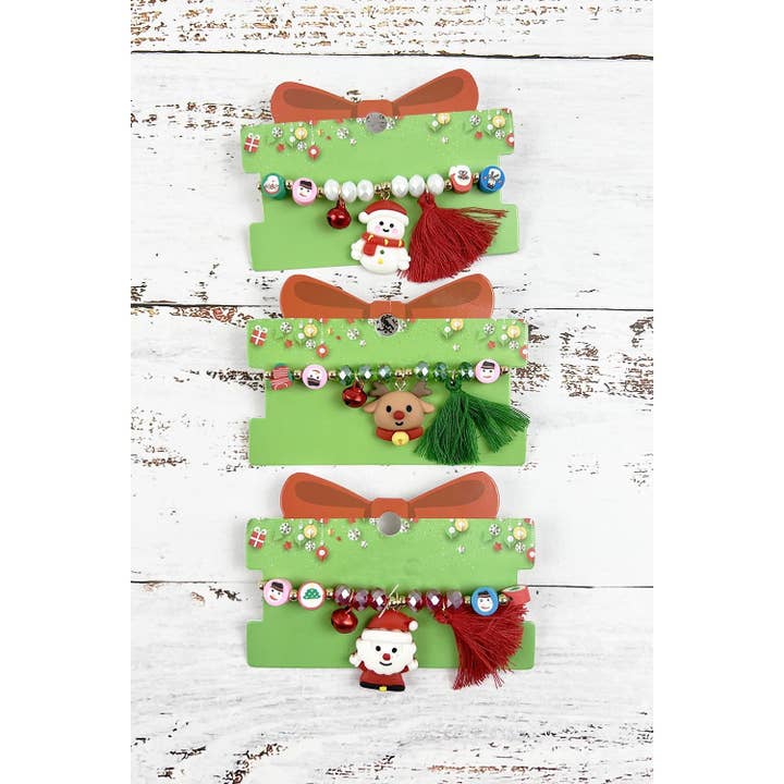 ASSORTED CHRISTMAS THEME CHARM BEADED BRACELET WITH TASSEL for wholesale on Faire