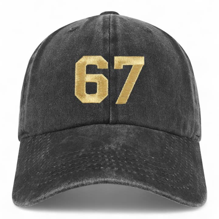 Number 67 Gold Thread Embroidered Pigment Dyed Baseball Cap for wholesale by Trendy Apparel Shop