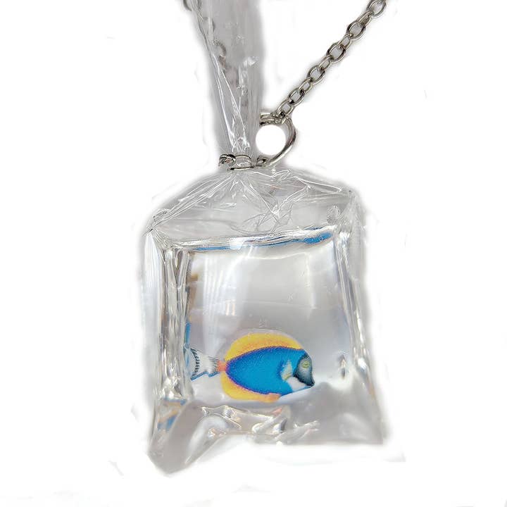 Ocean Salt Water Fish in a Bag Blue Yellow Resin Necklace for wholesale by Stylish Jewelry Supply