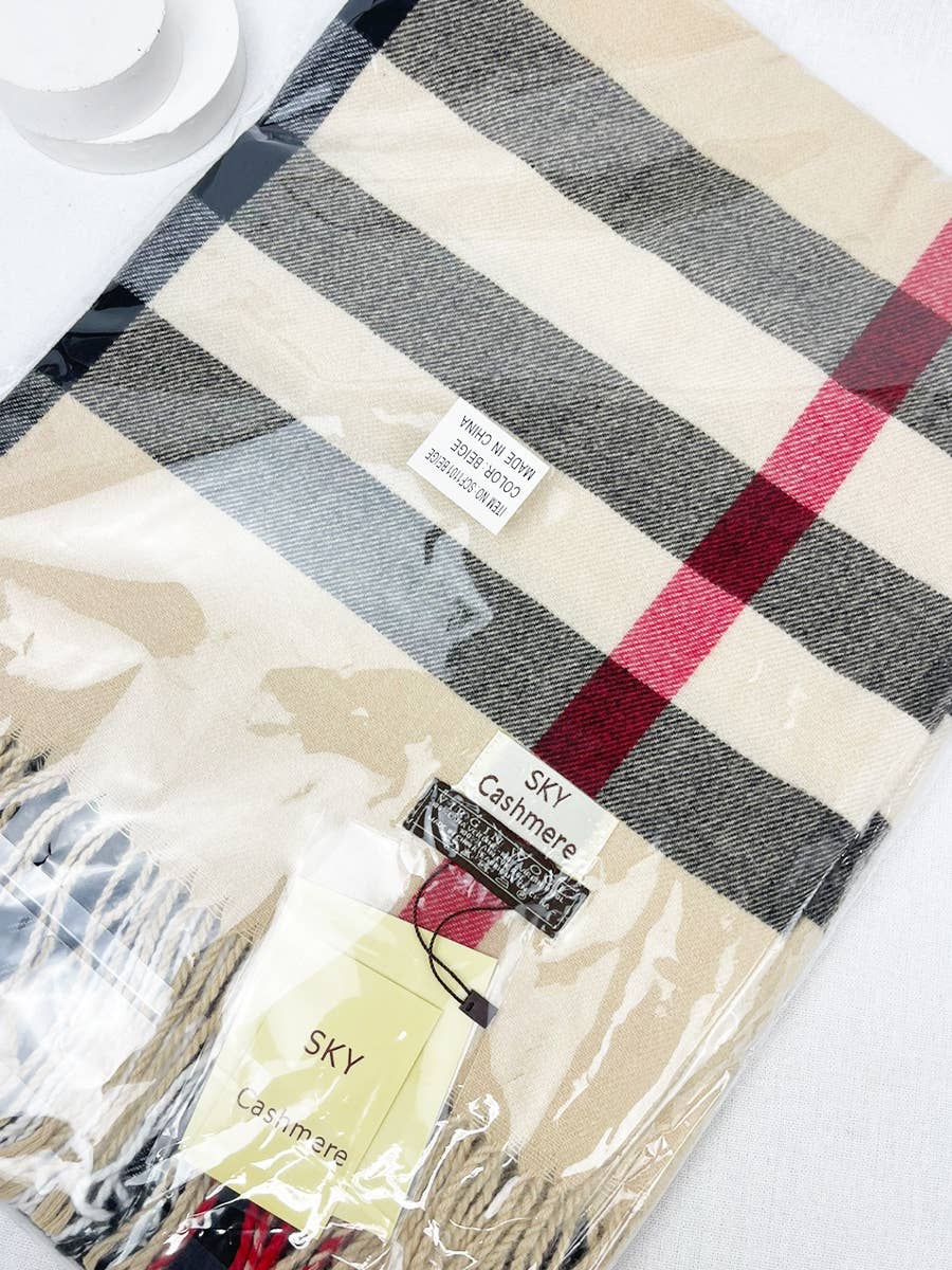 Beige Plaid Cashmere Scarf With Tassel for wholesale on Faire5