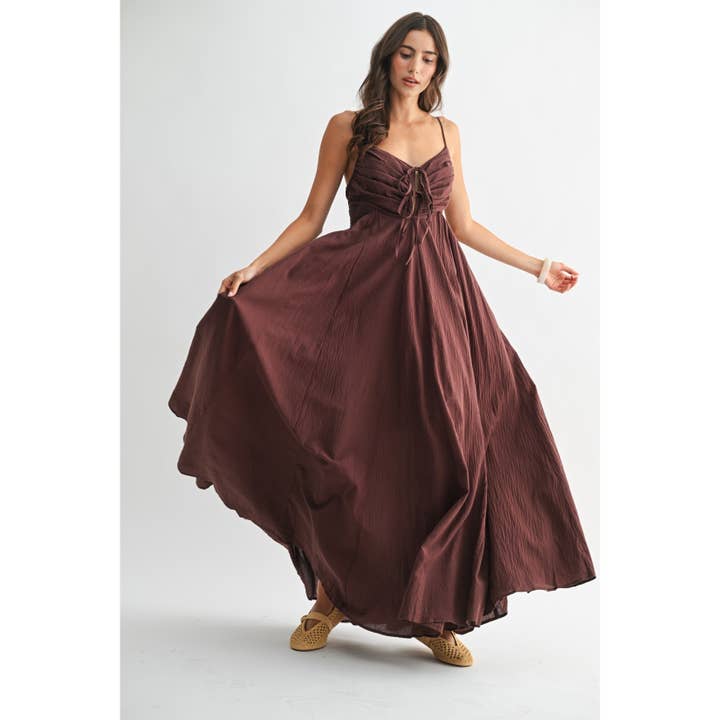 BROWN MAXI DRESS WITH RUCHED BODICE AND ADJUSTABLE STRAP for wholesale on Faire