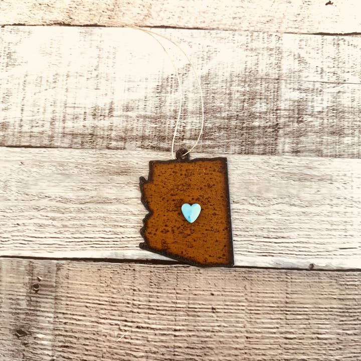 Universal Ironworks USA - Wholesale Ornament - Arizona State shape Ornament with Faux Turquoise Heart