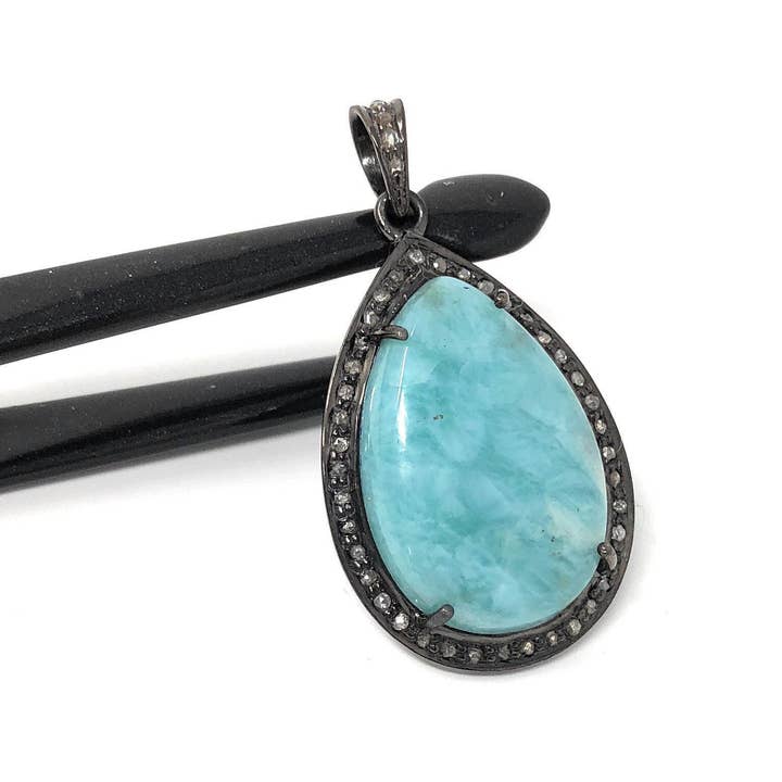 Larimar Pendentif pierre gemme, pendentif en argent sterling pavé de diamants, bijoux en pierre précieuse, pendentif bohème, cadeau pour elle pour la vente par Akstar Gems
