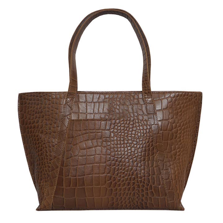 Assots London - Wholesale Tote Bag - Women's - 'AGNES' Tan Vintage Croc Real Leather Designer Tote Bag6