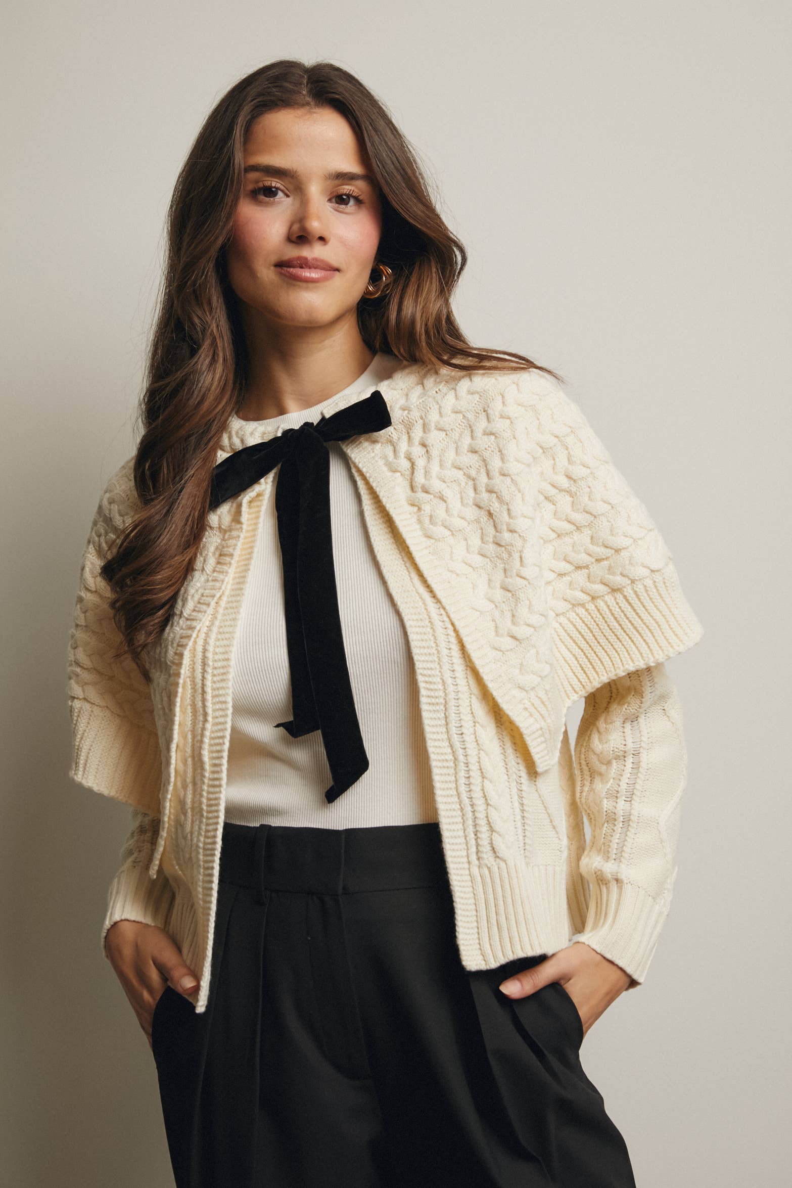 Forte – wholesale Cardigan – Women’s – Cable Knit Capelet Cardigan with Velvet Bow FSW0017 26