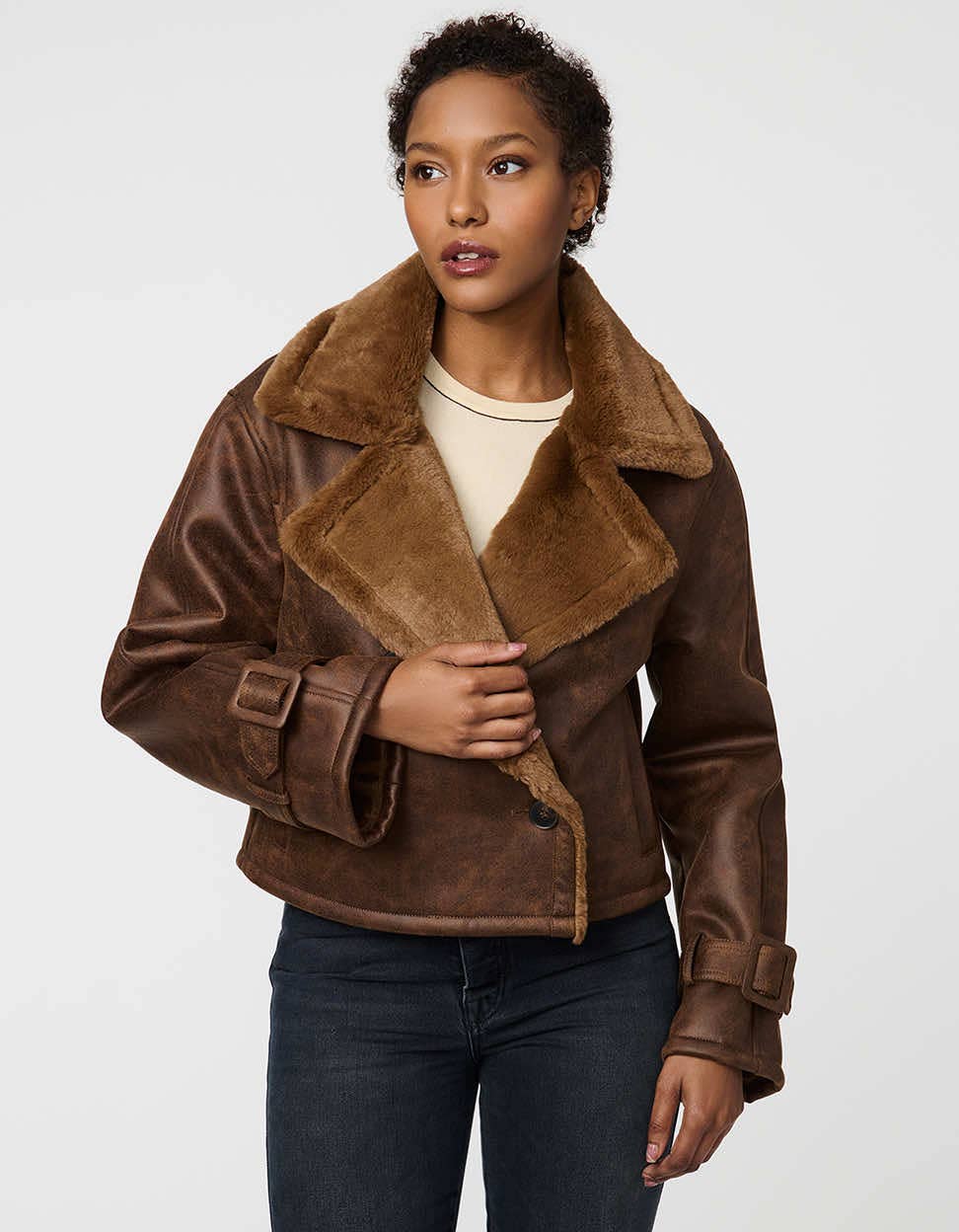 Espresso Marlowe Suede and Faux Fur Jacket for wholesale on Faire1