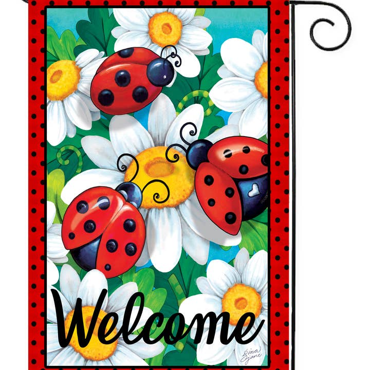 Happy Cow Lawn Decor - Venta al por mayor Bandera y manga de viento - Bandera de jardín con mariquitas en margaritas #G2528