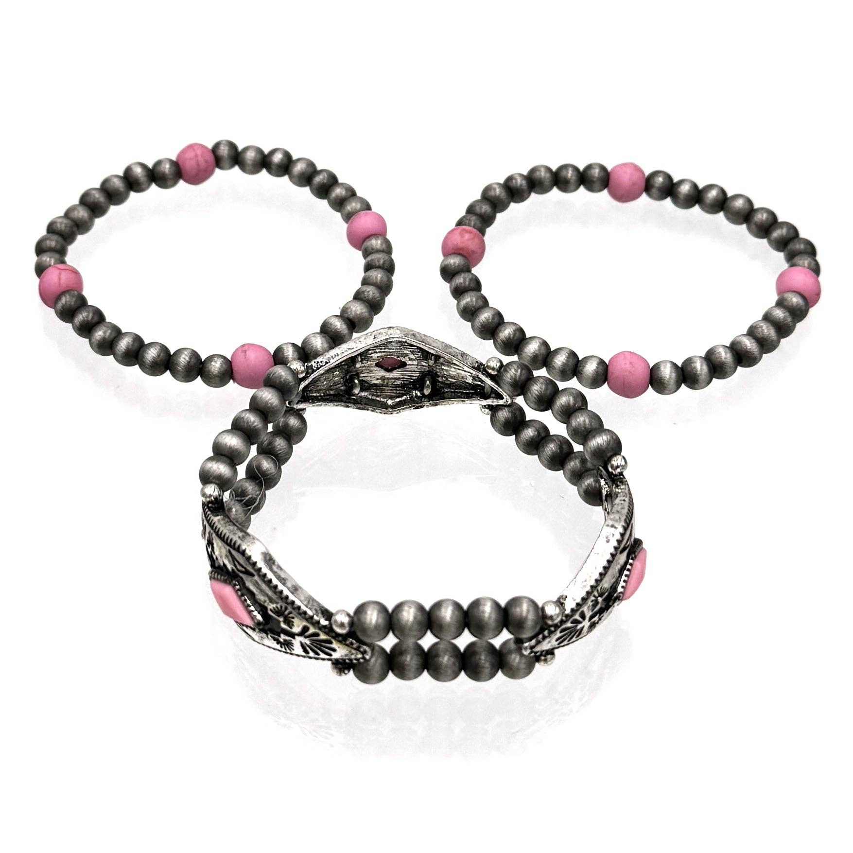 Lunar Deer - Vente Parures de bijoux - Bracelet extensible rose en trois pièces de style Navajo1
