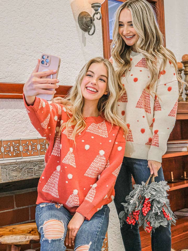 AND THE WHY - Wholesale Knit Sweater - Women's - ATW14834 - Holiday Tree Pompom Sweater - Festive Design