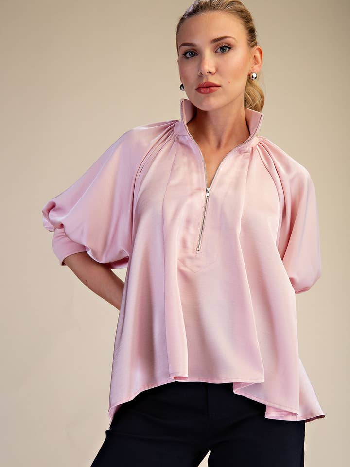 Mock Neck Band Puff Sleeve Blouse for wholesale by Glam