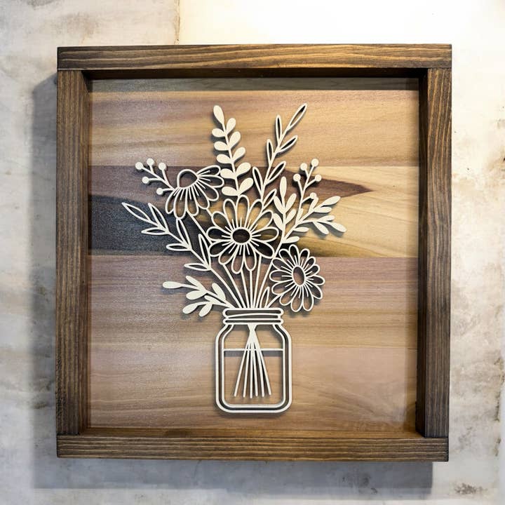 White Wildflower Mason Jar Framed Wood Sign | Rustic for wholesale by Faithful Creations Studios