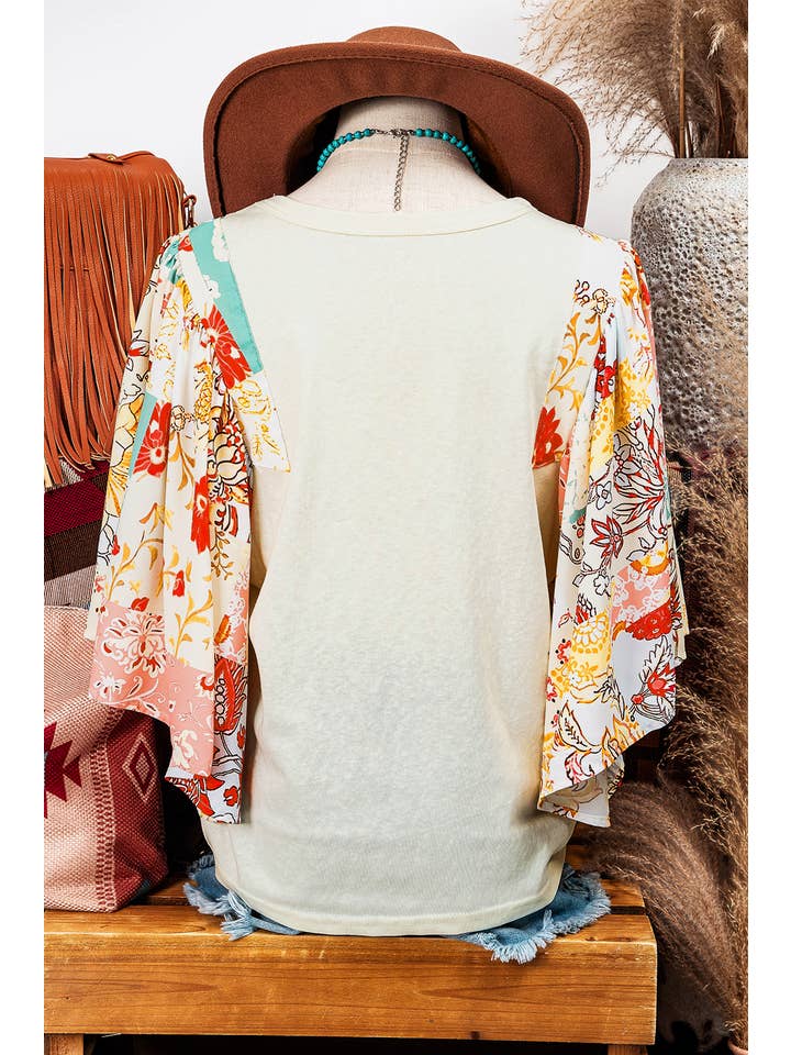 As shown Fashion-W Floral Patchwork Half Batwing Sleeve Blouse for wholesale on Faire