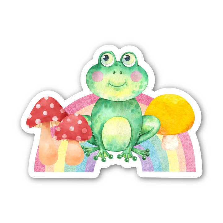 Rainbow Frog Lover Mushrooms Encouraging Sticker 3" Vinyl for wholesale by Angi Bock Robertson Art
