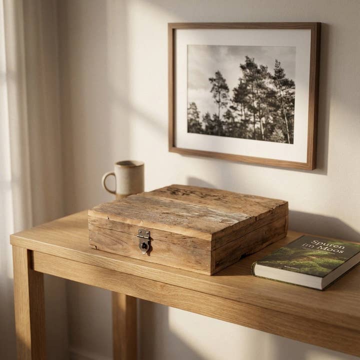 Houten vintage doos van massief hout, waardevol, onbehandeld, vierkant, 35x35 cm voor wholesale door Antikas