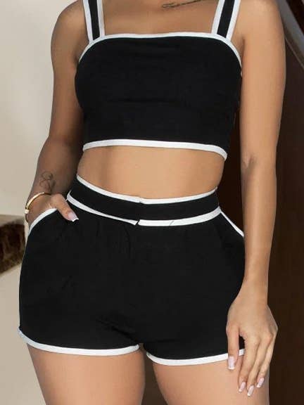 solid color suspender shorts two-piece set for wholesale by Umorger