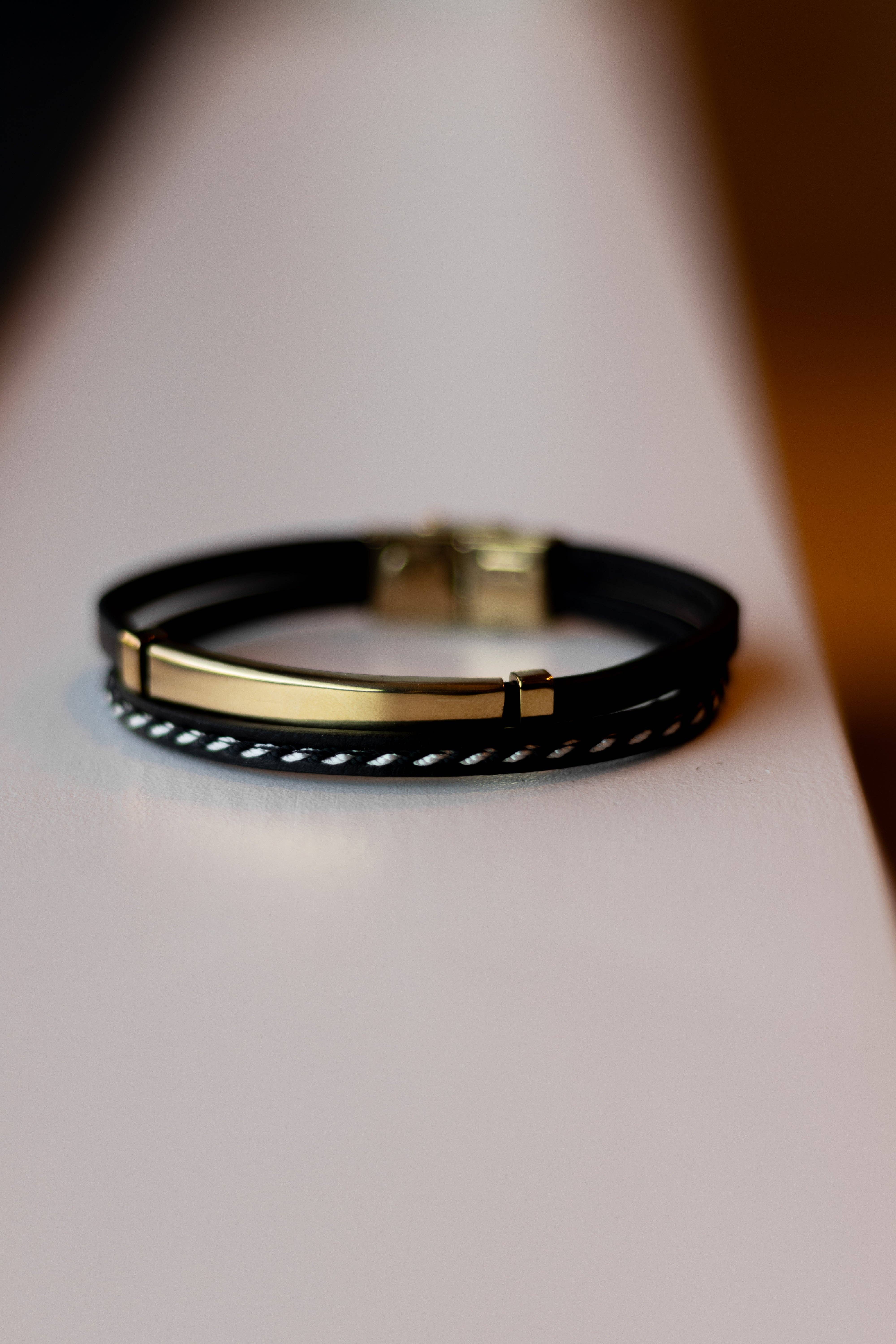 Sedy Jewelry - Wholesale Jewelry - Men's - Men’s Black Leather Bracelet with Gold-Tone Stainless Steel 3