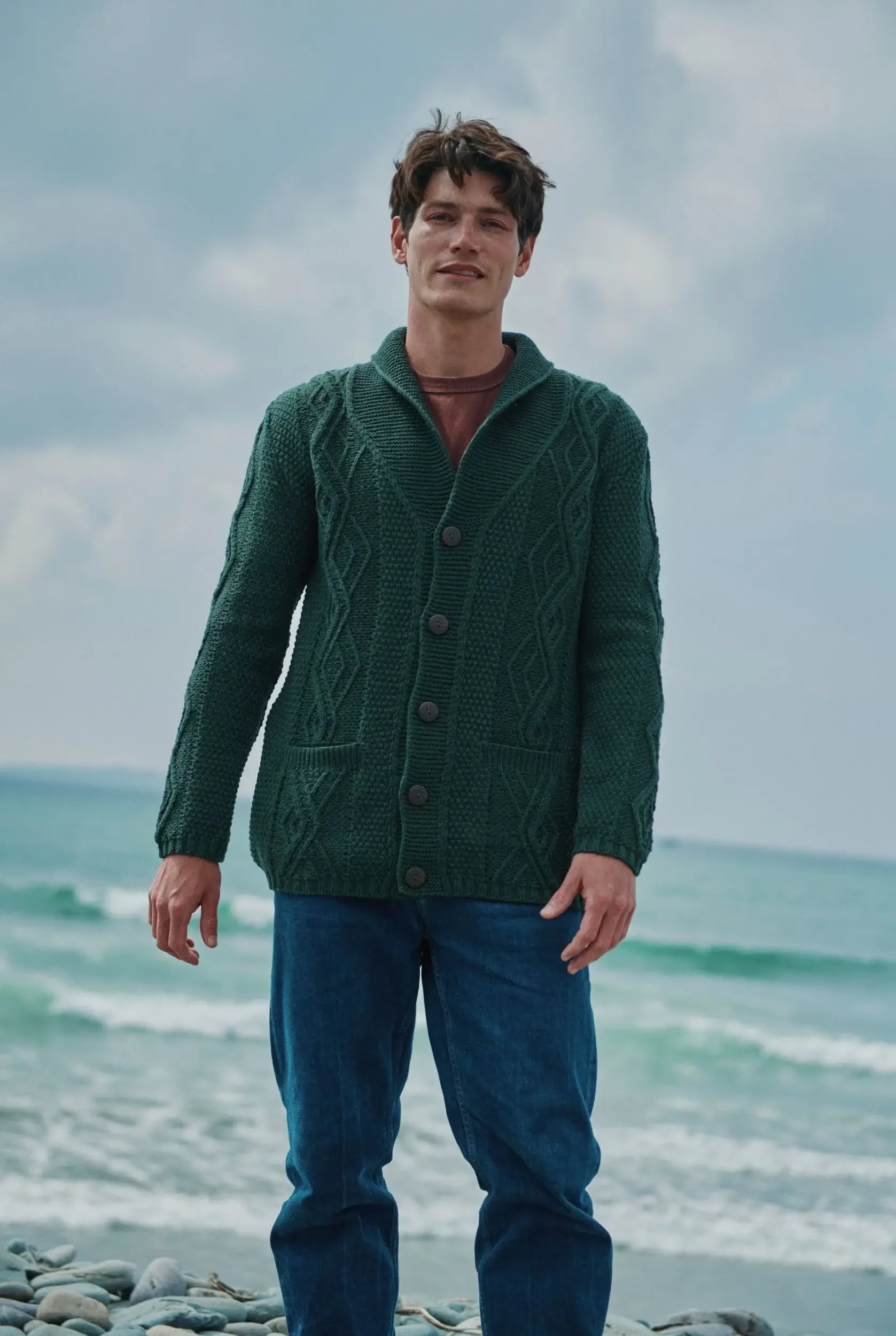 Aran Woollen Mills - Wholesale Cardigan - Men's - Killary Fjord Aran Cardigan - Forest Green2