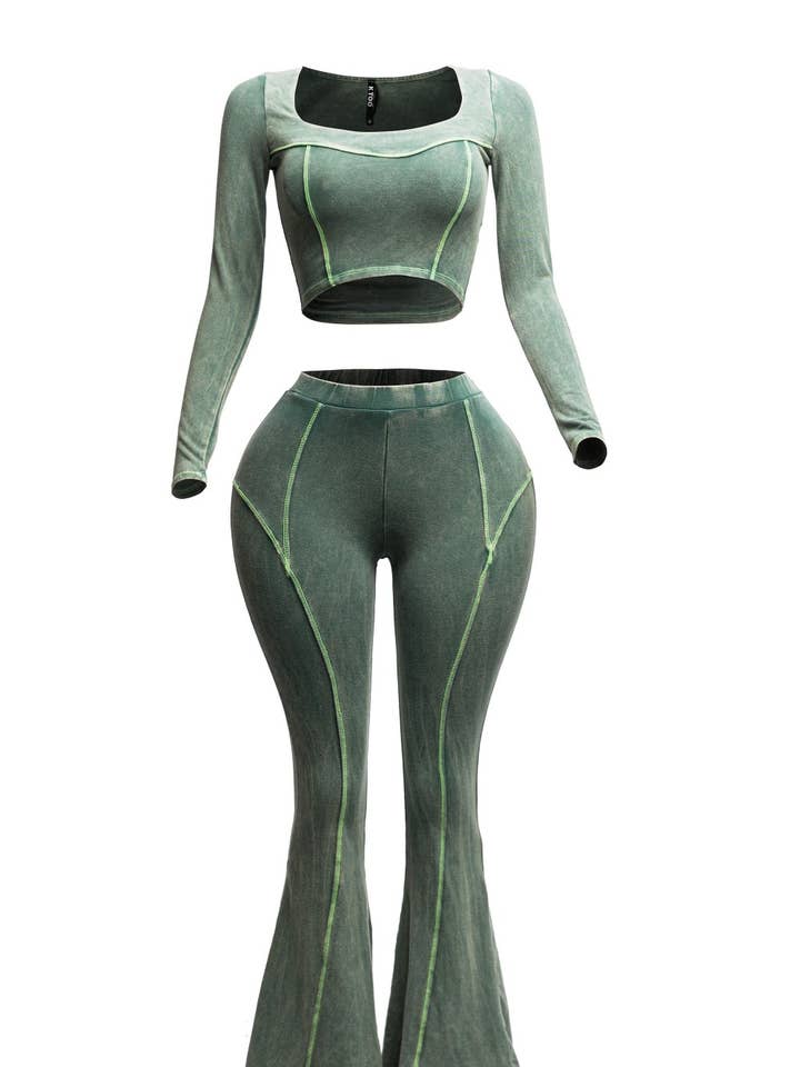 MINERAL WASH CROP TOP AND BELL BOTTOM PANTS SET for wholesale by Boswell