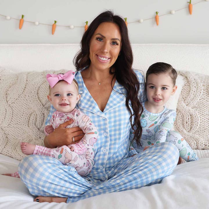 Women's Two Piece Flare Lounge Set | Blue Gingham for wholesale by Caden Lane