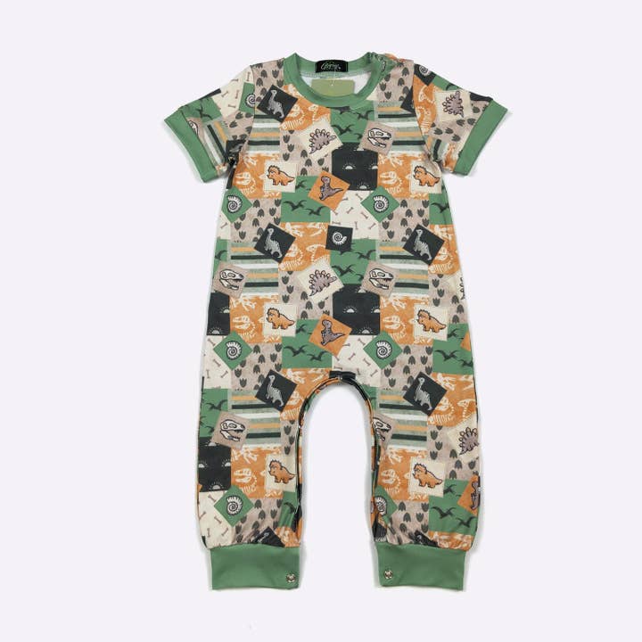 Jurassic Patchwork Boy Romper for wholesale by Clover Cottage
