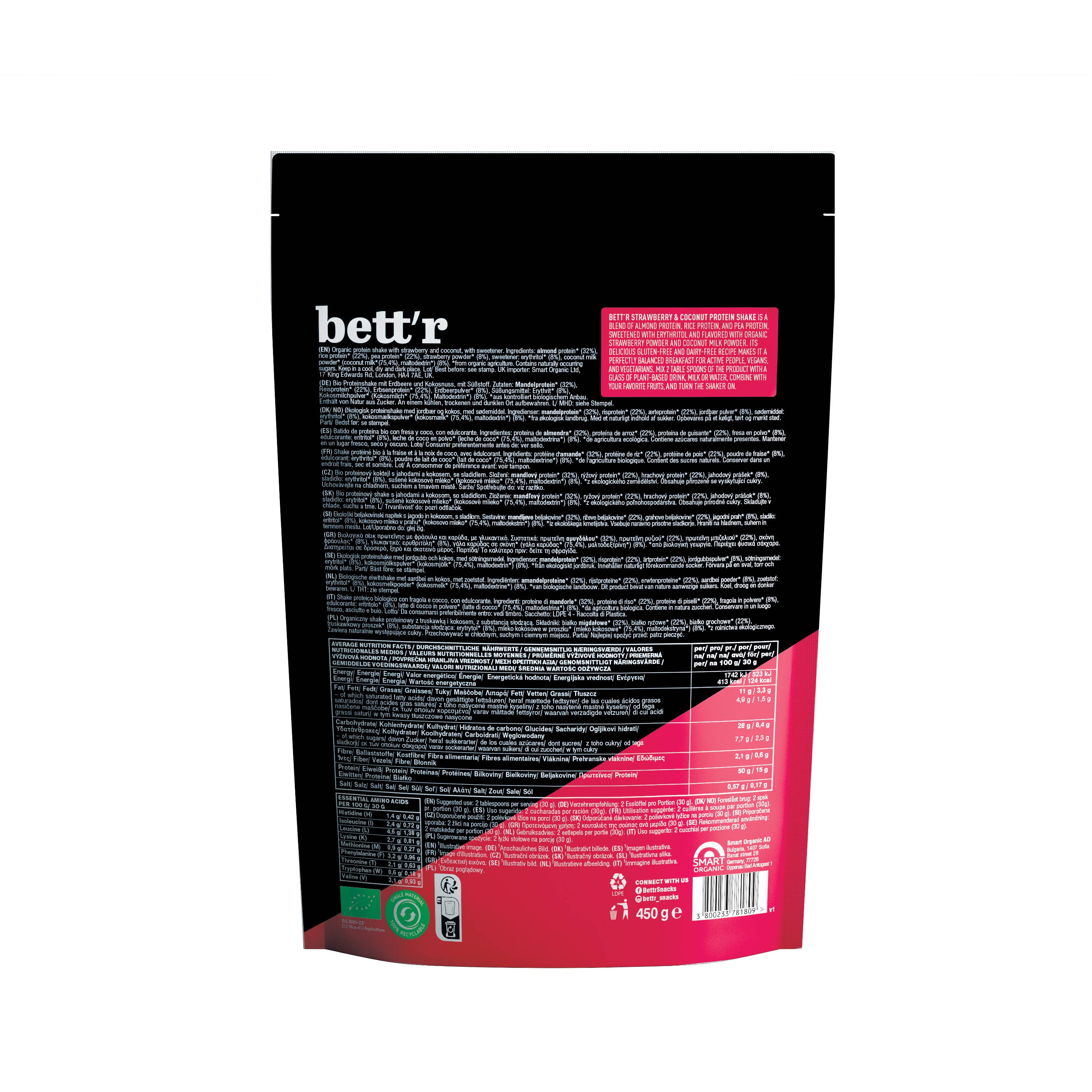 Smart Organic – Großhandel Protein-/Superfood-Pulver – Protein Shake Erdbeere und Kokosnuss mit Erythritol, Bio1