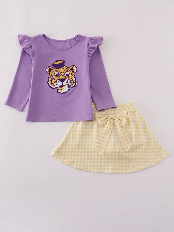 Lilla LSU applikation sløjfe skorts sæt for engroshandel hos Aspen Rain Boutique