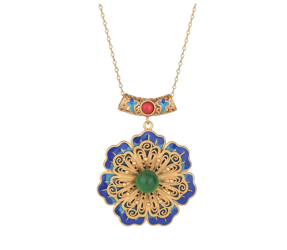 Bright MacMing - Wholesale Pendant/Charm Necklace - Detailed Blue Enamel Flower Necklace3
