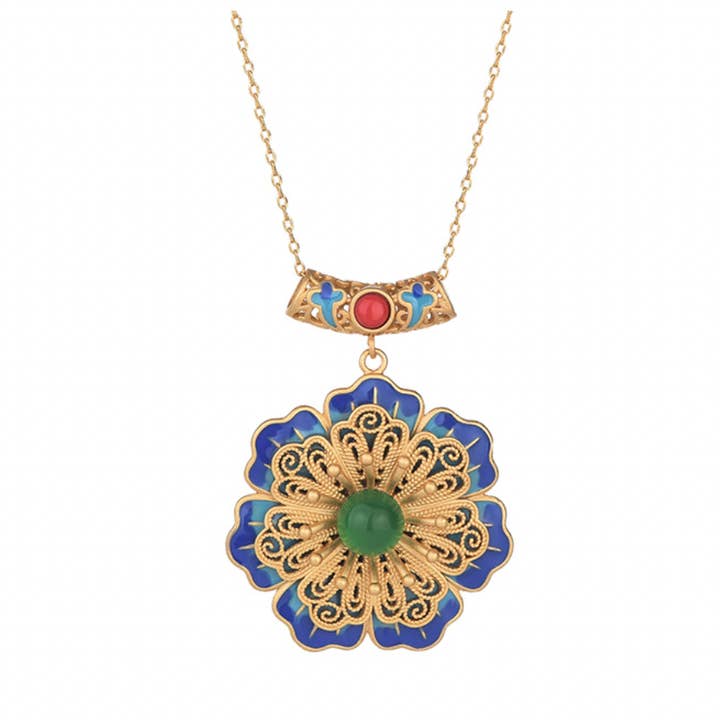 Bright MacMing - Wholesale Pendant/Charm Necklace - Detailed Blue Enamel Flower Necklace3