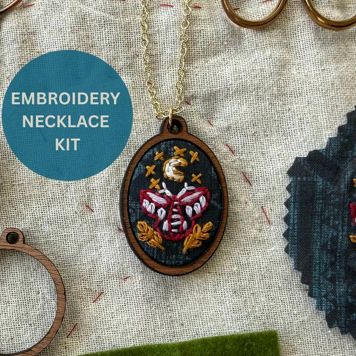 Moth Embroidery Necklace Kit for wholesale by Rikrack