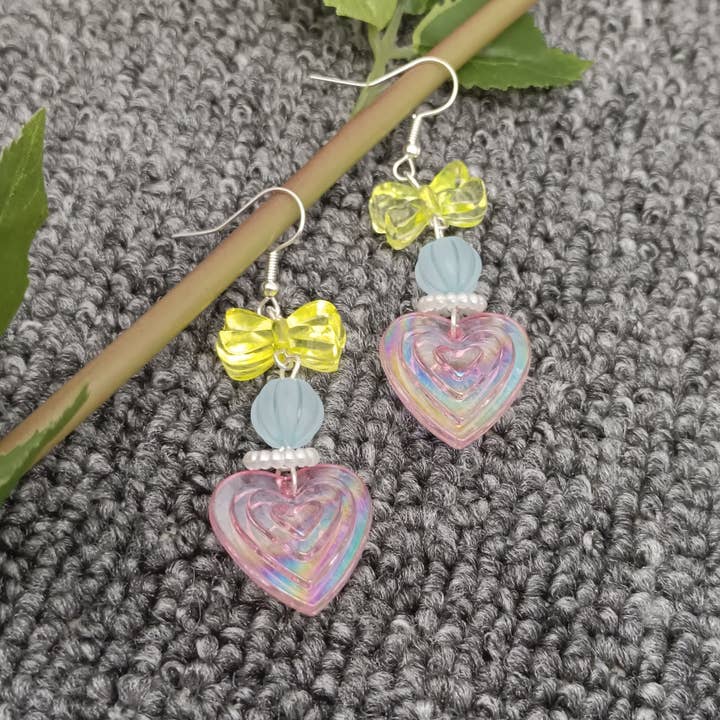 YK - Yellow Bow Acrylic Heart-shaped Charm Earrings for wholesale by Mio Queena