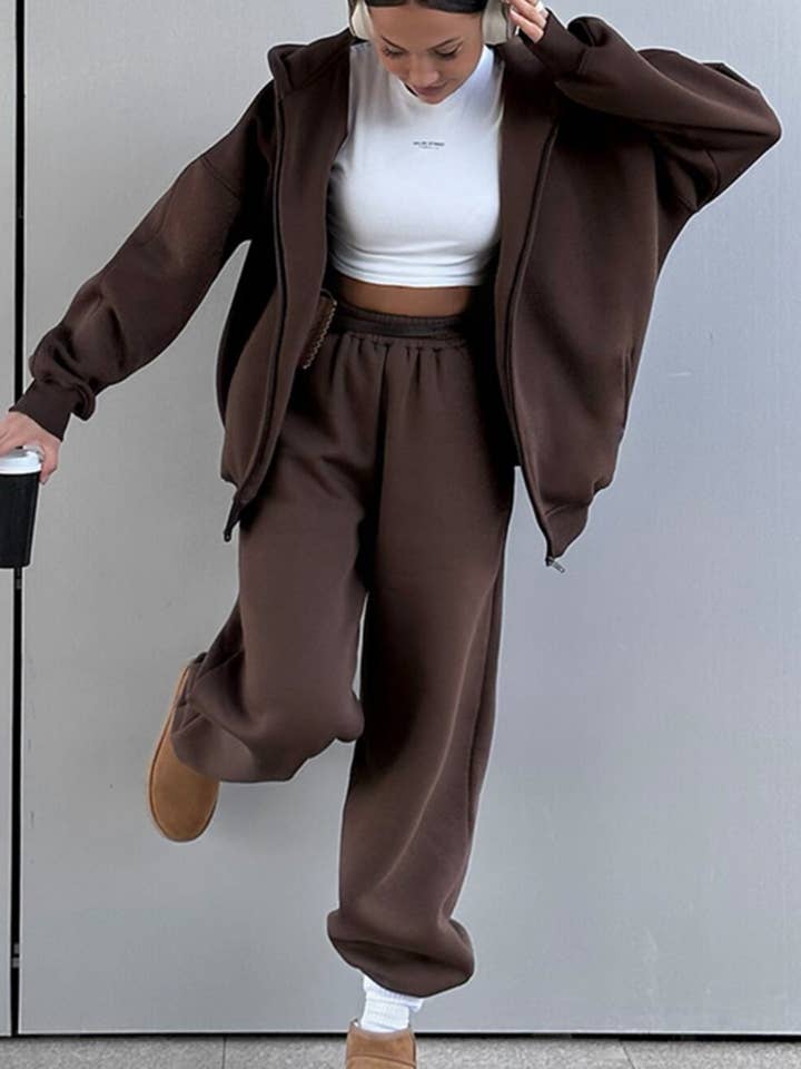 Rosa Clothing - Wholesale Lounge Set - Women's - Sporty Hooded Zip-Up Sweatshirt And Pants Set