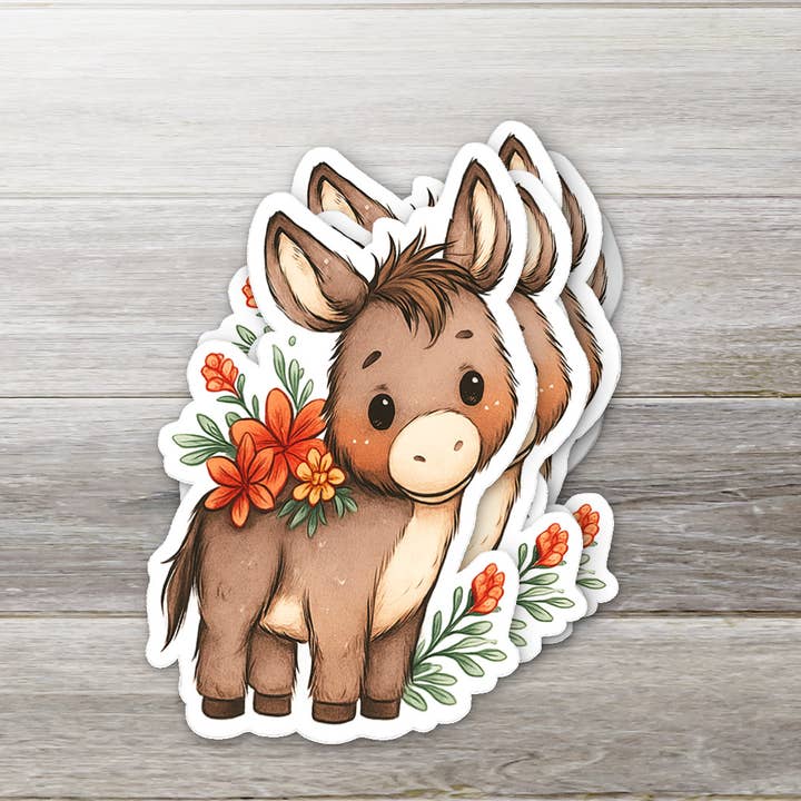 Âne fleuri • Autocollant en vinyle d'animal de ferme mignon pour la vente par Ozark Sticker Company