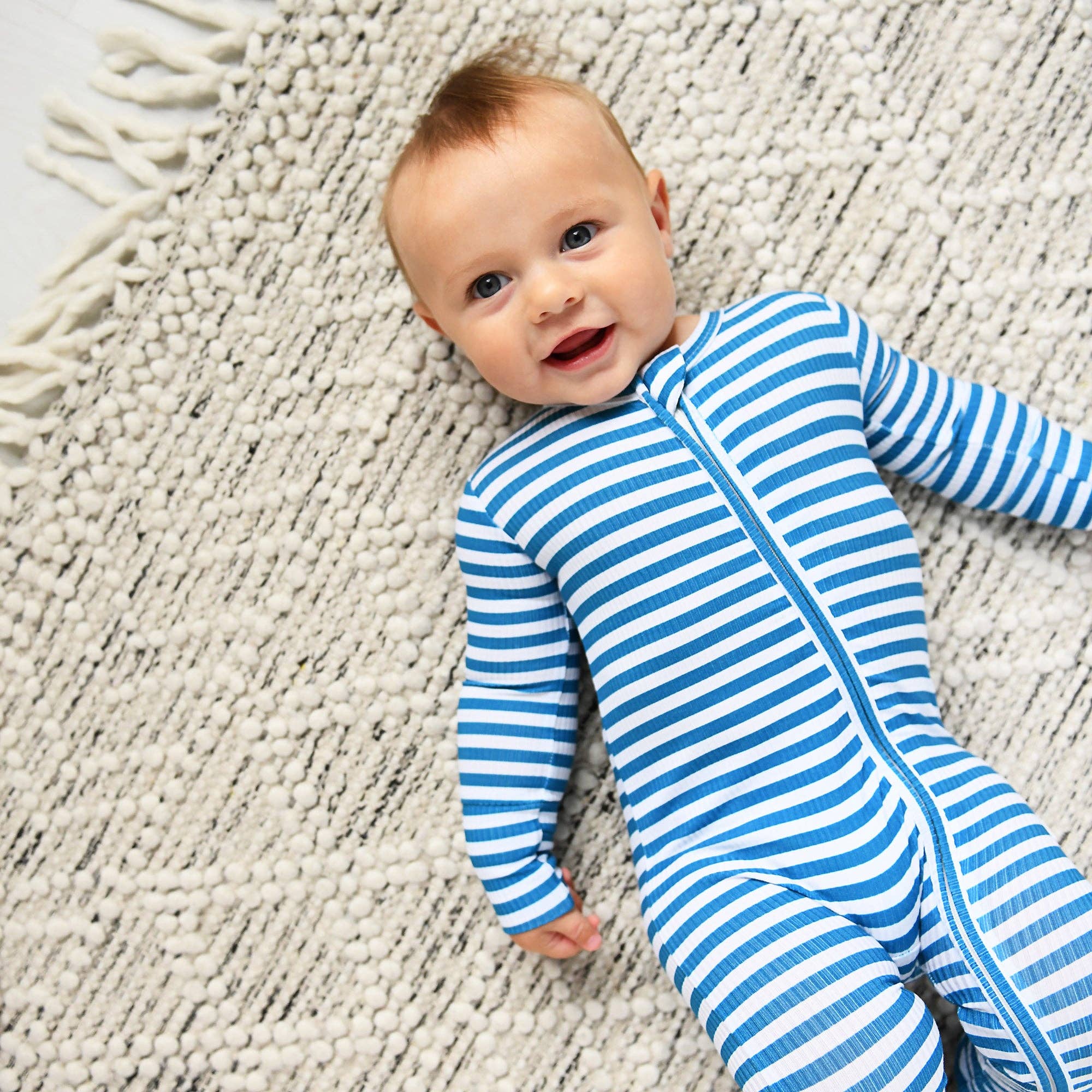 Gigi and Max - Wholesale Jumpsuit - Baby - Cooper Blue Ribbed ZIP Bamboo Striped One Piece 2-Way Zipper3